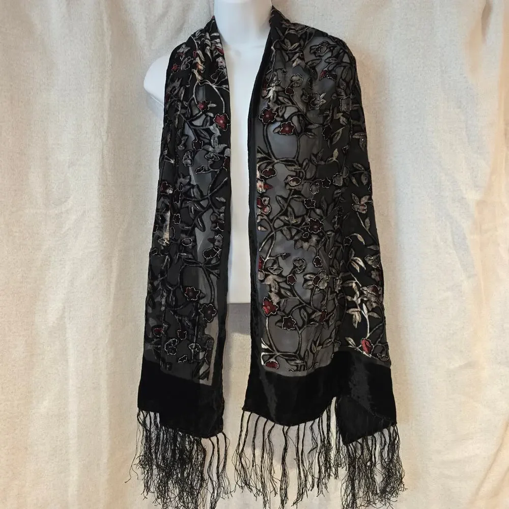 Vintage 100% Silk Velvet‎ Burnout Rectangular Scarf
